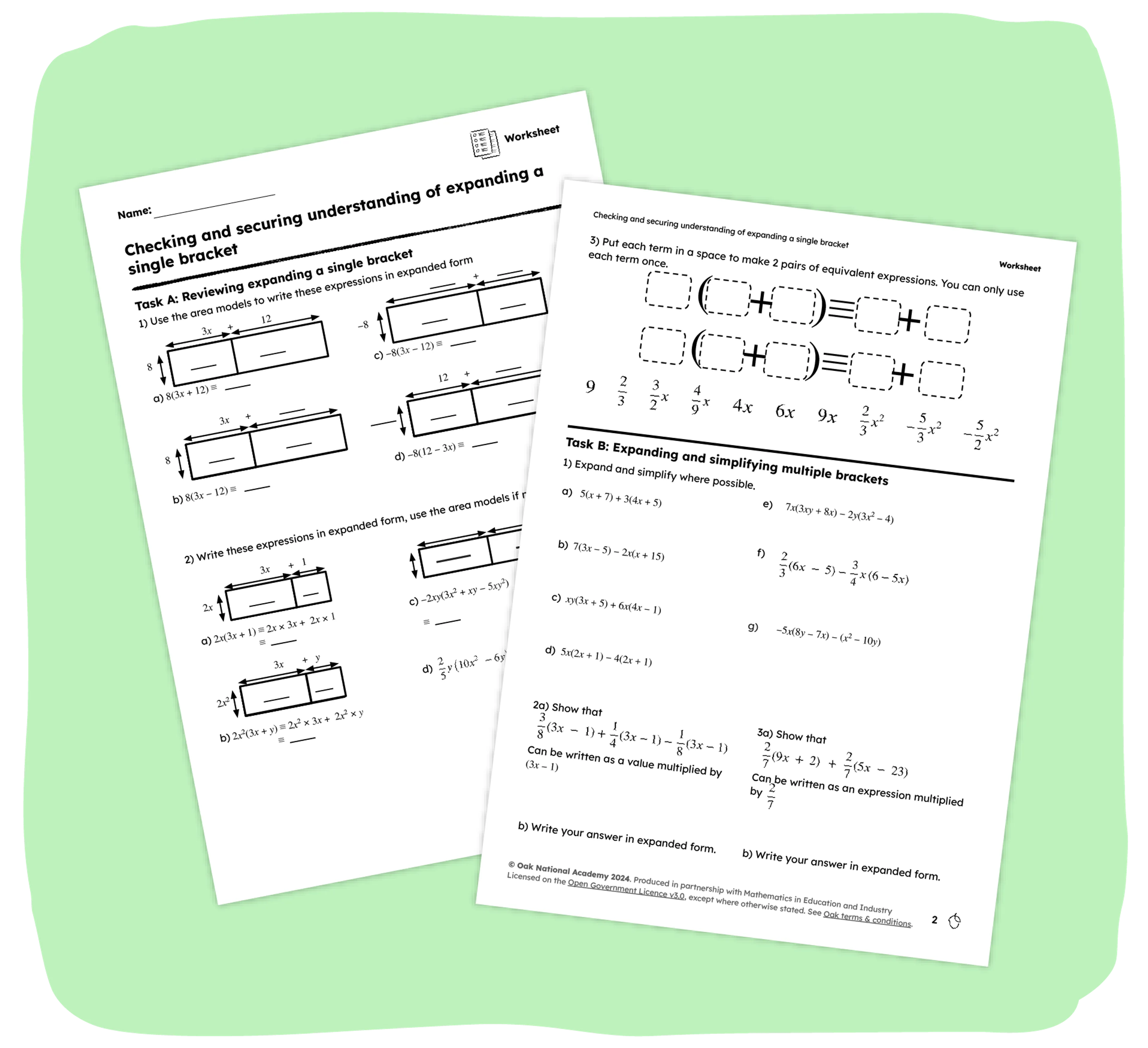 Image is of two worksheets from Oak National Academy