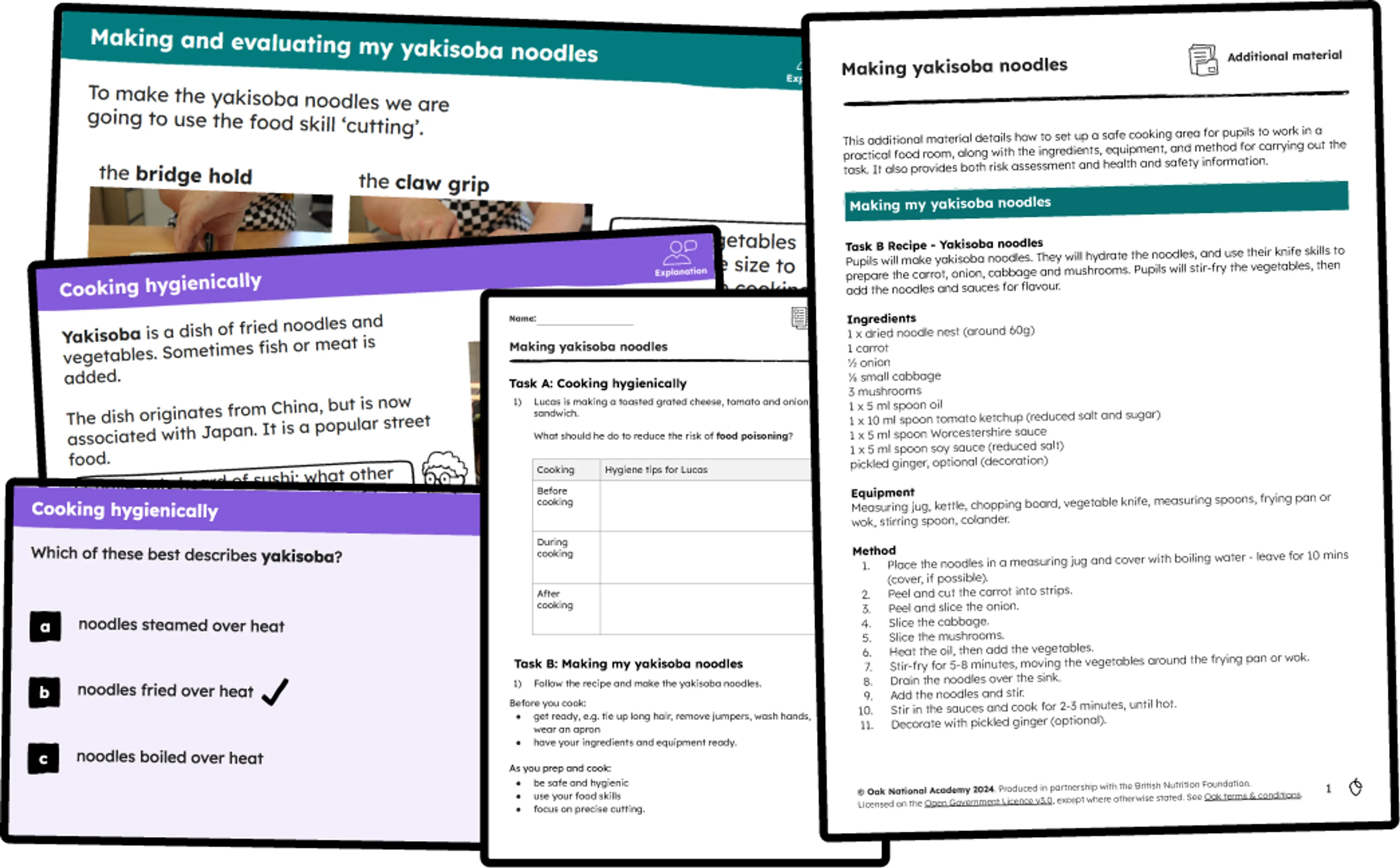 Resources from the 'Making yakisoba noodles' lesson: three presentation slides with lesson content, a worksheet, and a page of additional material that details the recipe