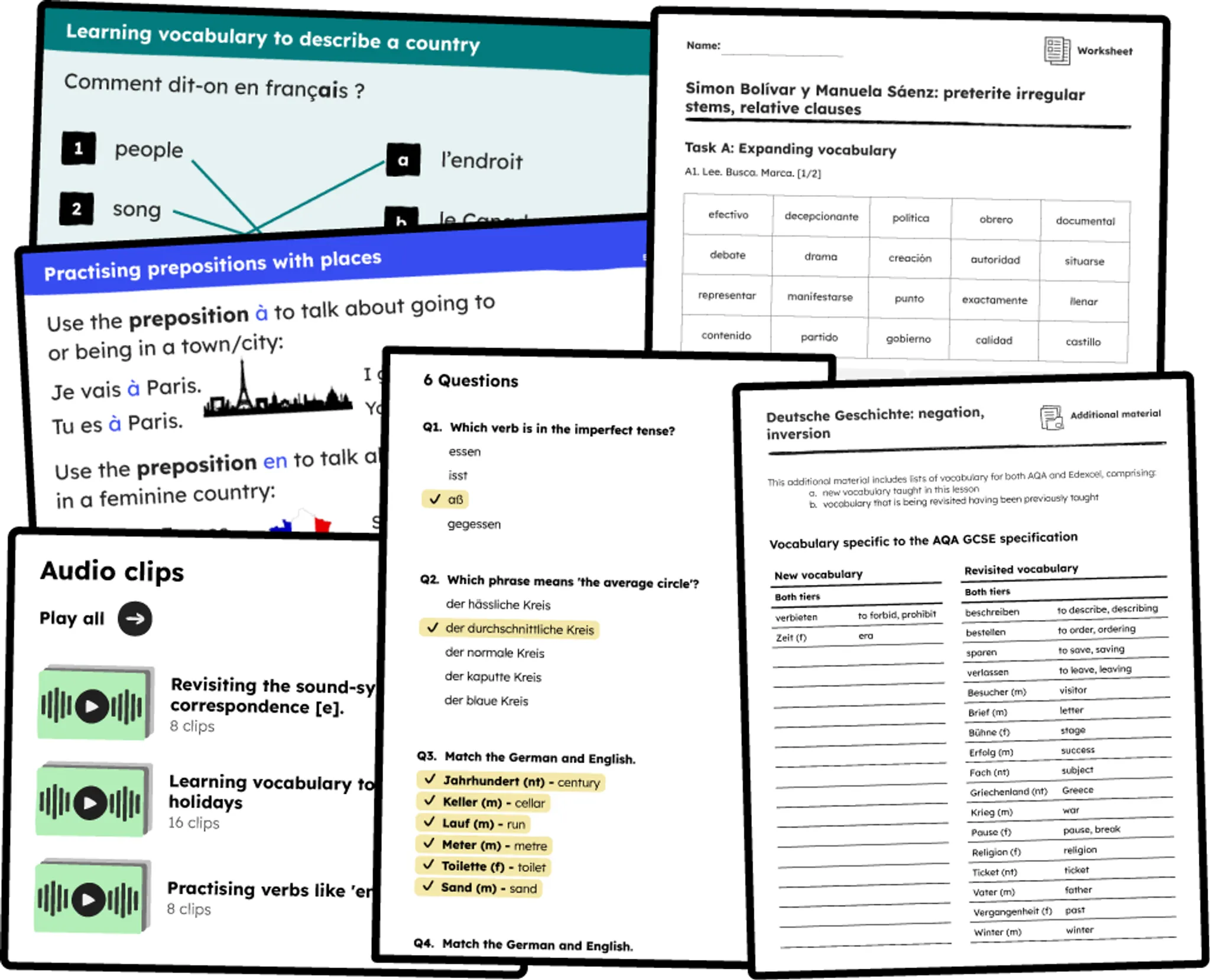 An image of a collection of slides, quizzes and audio clips from Oak French, German and Spanish lessons